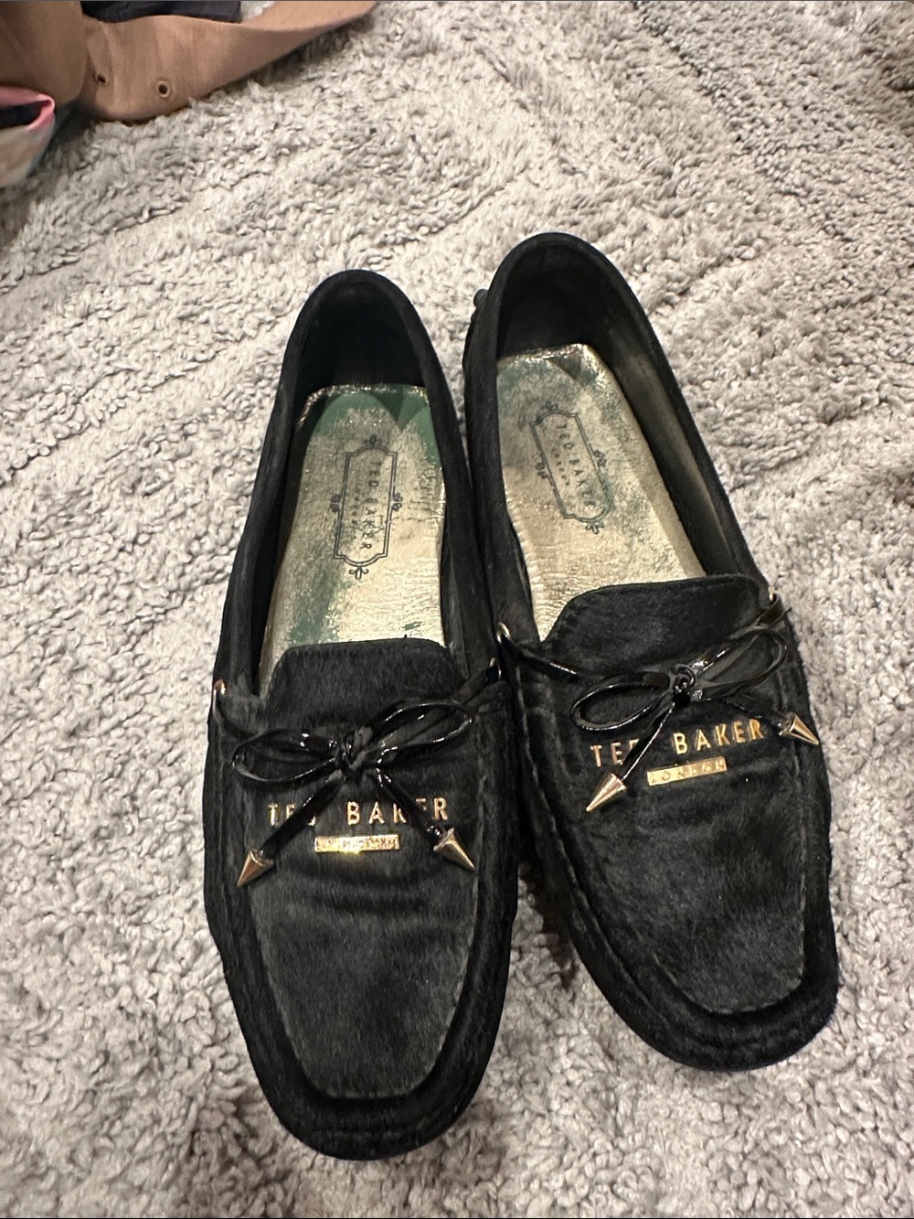 Ted Baker Black Pony-Hair Loafers with Gold Trim